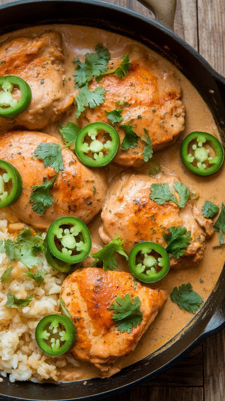 Creamy jalapeño chicken skillet with chicken, jalapeños, and creamy sauce, garnished with cilantro.